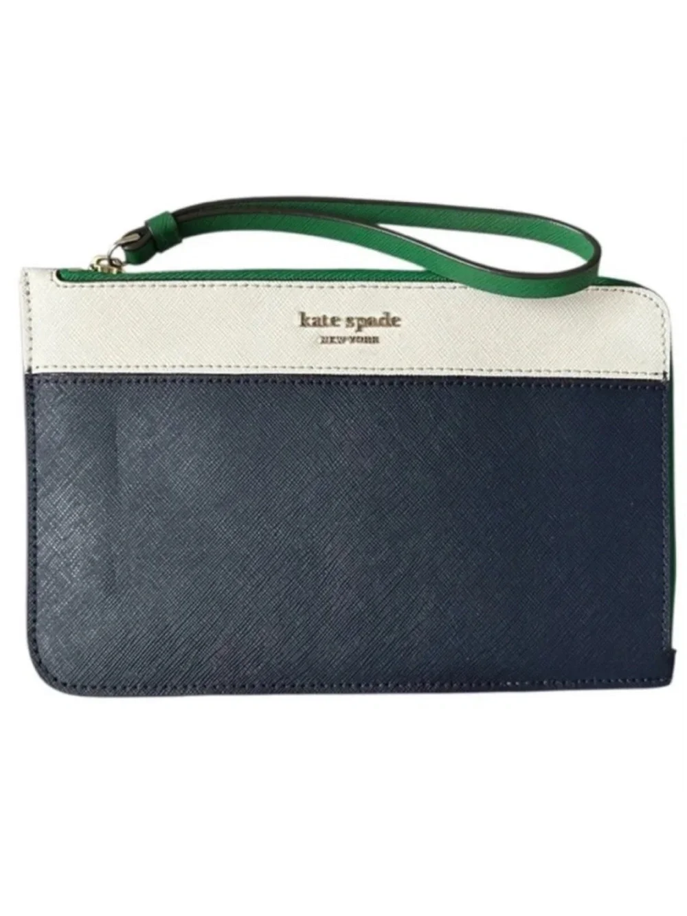 kate spade ♠️ Navy, White & Green Colorblock Wristlet L Shape Zipper